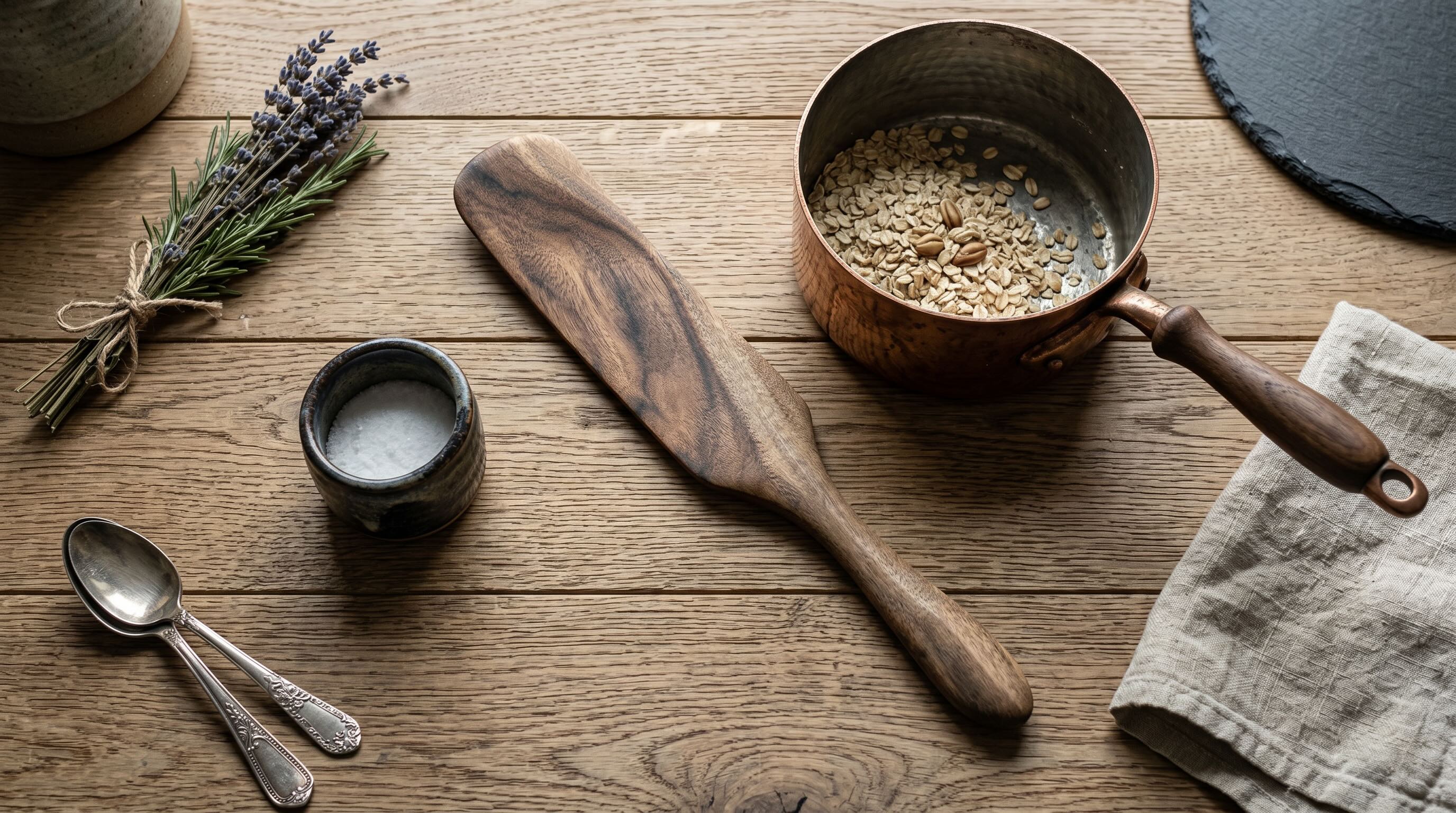 Five Oaks Farm Spurtle, 13.5-inch handcrafted wooden cooking utensil for stirring and mixing in the kitchen.