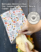 Beeswaxed snack bag from Five Oaks Farm, made from natural beeswax with floral design, eco-friendly food storage solution.