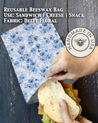 Beeswaxed snack bag from Five Oaks Farm with floral design, eco-friendly reusable storage for snacks or small items.