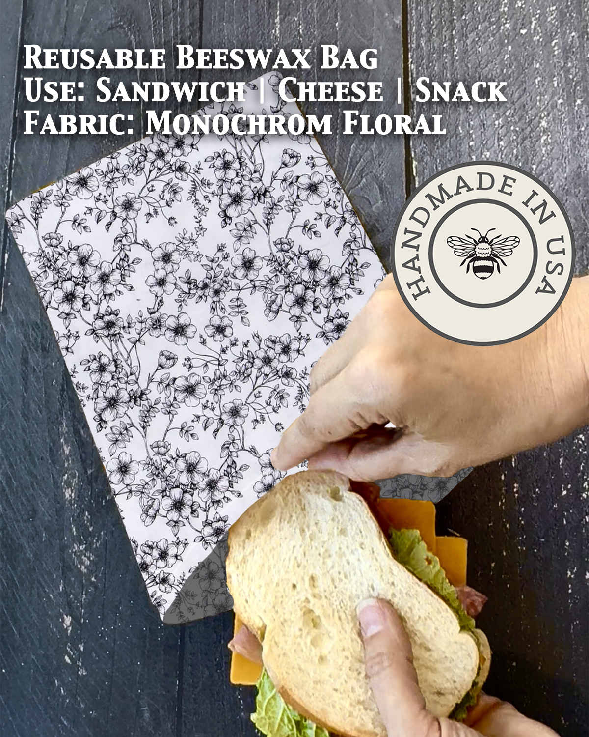 Beeswaxed snack bag from Five Oaks Farm with floral design, reusable and eco-friendly for storing snacks.