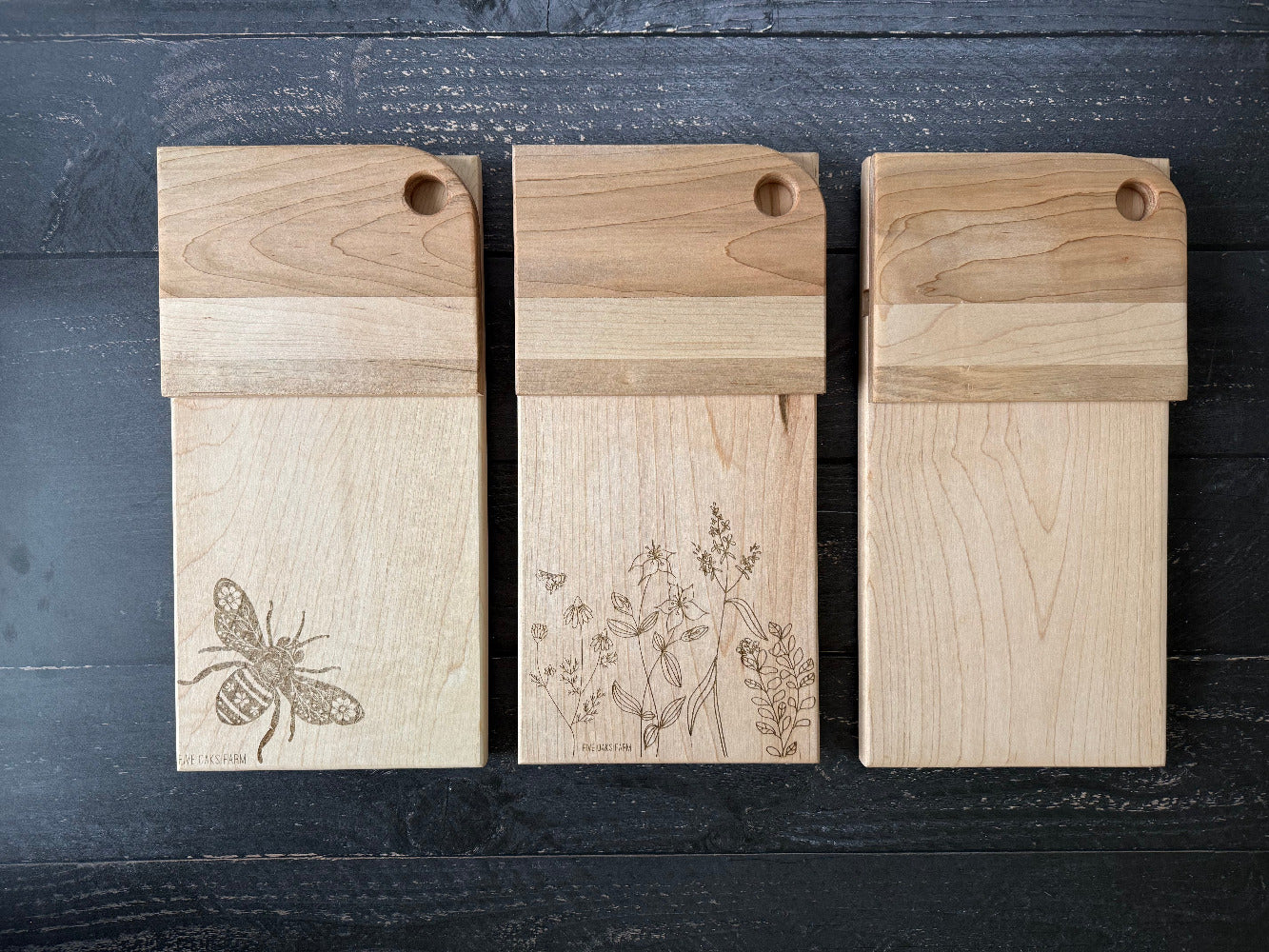 Maple vertical cutting board from Five Oaks Farm, showcasing a sleek, durable kitchen tool with a natural wood finish.