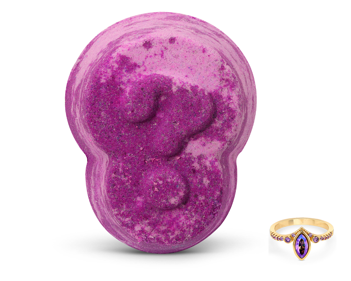 Fragrant Jewels Surprise Bath Bomb with rhodium plating, featuring vibrant colors and intricate design for a luxurious bath experience.