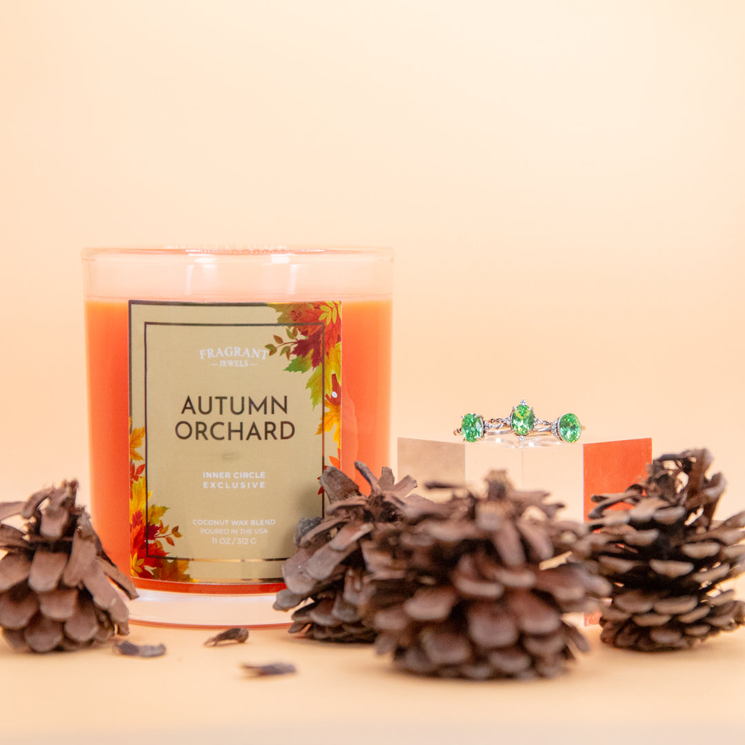 Fragrant Jewels Autumn Orchard candle and bath bomb bundle with a rhodium-plated ring, featuring warm seasonal scents.