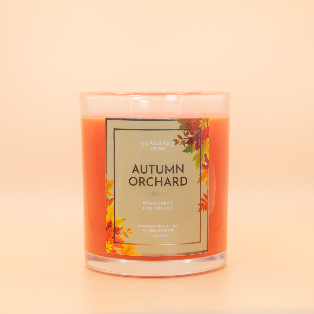 Fragrant Jewels Autumn Orchard candle and bath bomb bundle with a ring, featuring warm autumn scents and rhodium plating.
