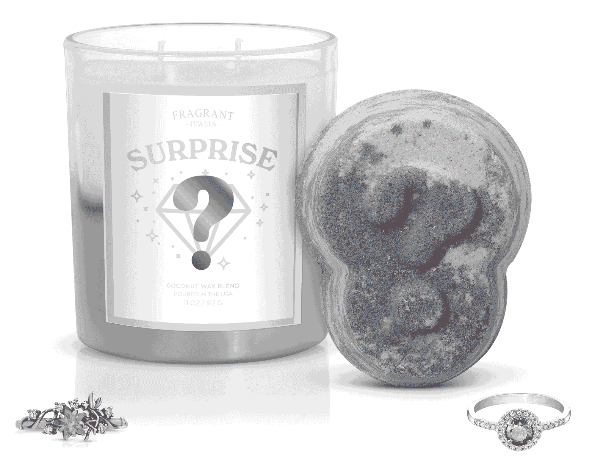 Fragrant Jewels candle and bath bomb set with a ring, featuring a rhodium-plated surprise inside, in a colorful bundle.