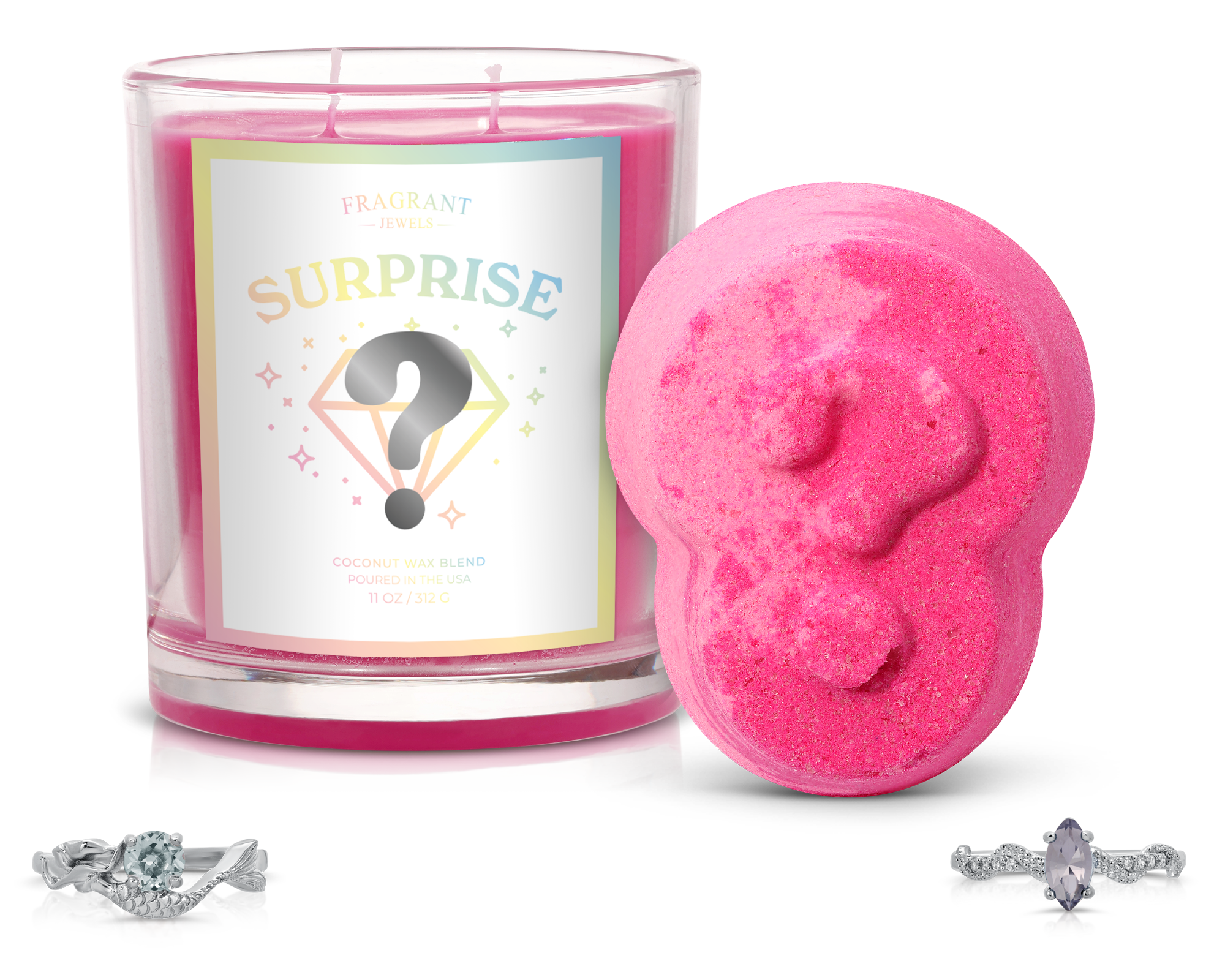 Fragrant Jewels candle and bath bomb set with a ring surprise, featuring a rhodium-plated ring in the bundle.