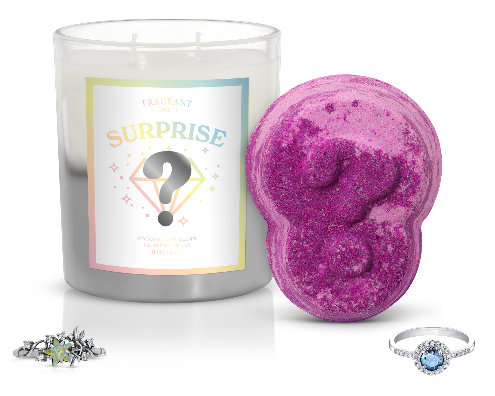 Fragrant Jewels candle and bath bomb set bundle featuring a ring, rhodium plating, and a surprise gift, perfect for relaxing spa moments.