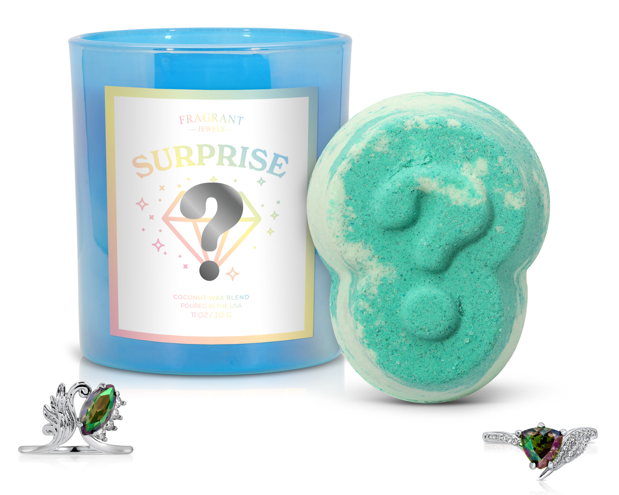 Fragrant Jewels surprise candle and bath bomb bundle with a ring, featuring a rhodium-plated design and vibrant packaging.