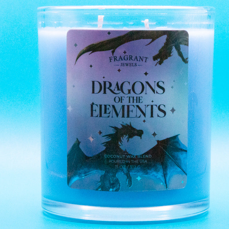 Glass jewel candle featuring a Fire Dragon design from Fragrant Jewels' Dragons of the Elements collection, ringless with intricate details.