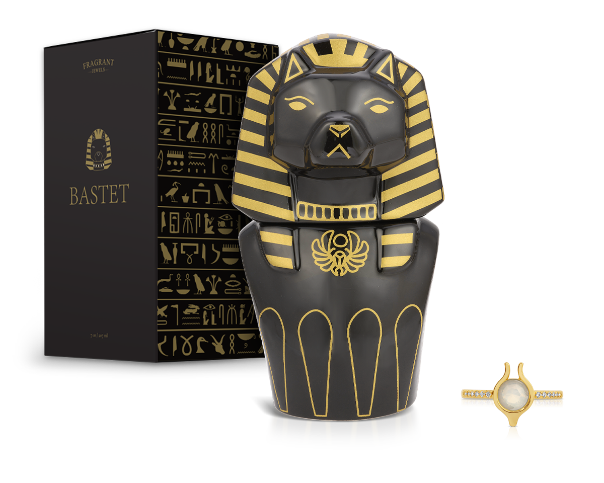 Fragrant Jewels Bastet Cat Jewel Candle in ceramic with a rhodium-plated cat-shaped ring, blending fragrance and elegant design.