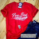 Unisex V-neck T-shirt featuring a graphic design with a free bird motif, from The Graphic Tee brand.