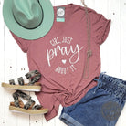Unisex Heather Mauve V-neck T-shirt for girls with "Just Pray About It" graphic, from The Graphic Tee brand.
