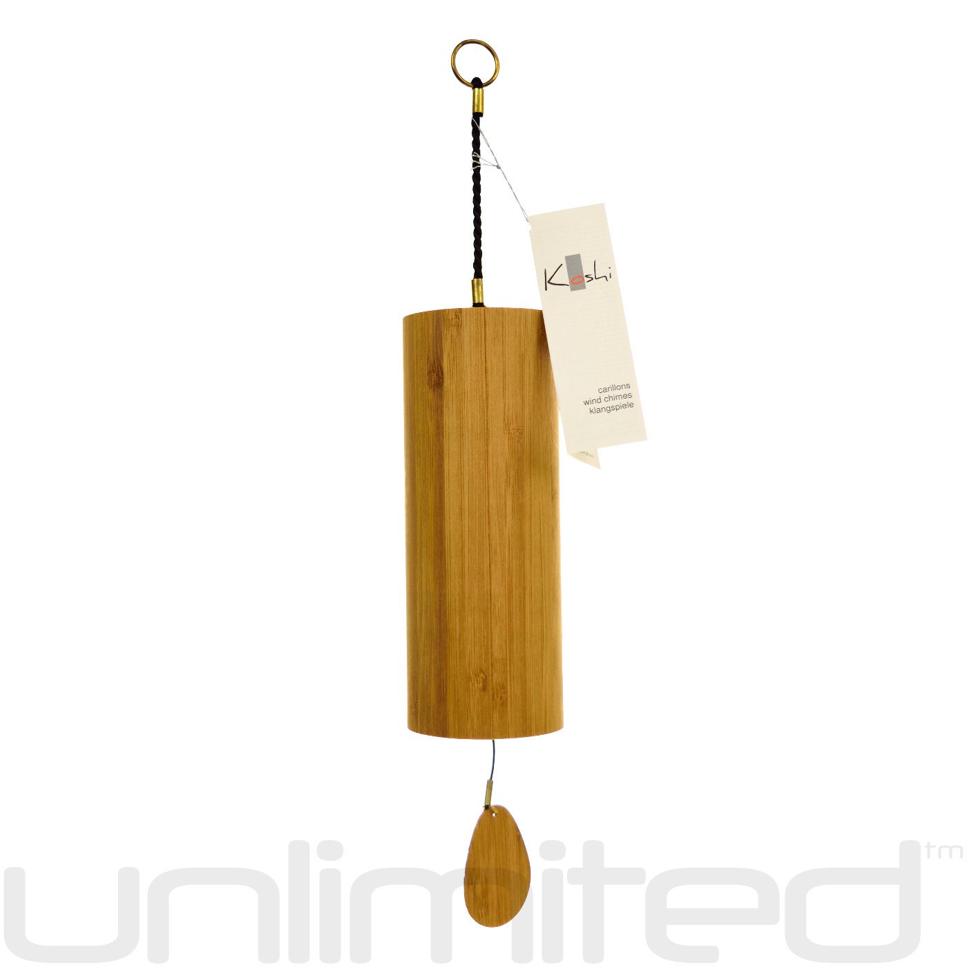Aqua Koshi Chimes by Gongs Unlimited hanging from a stand, showcasing their sleek design and vibrant color.