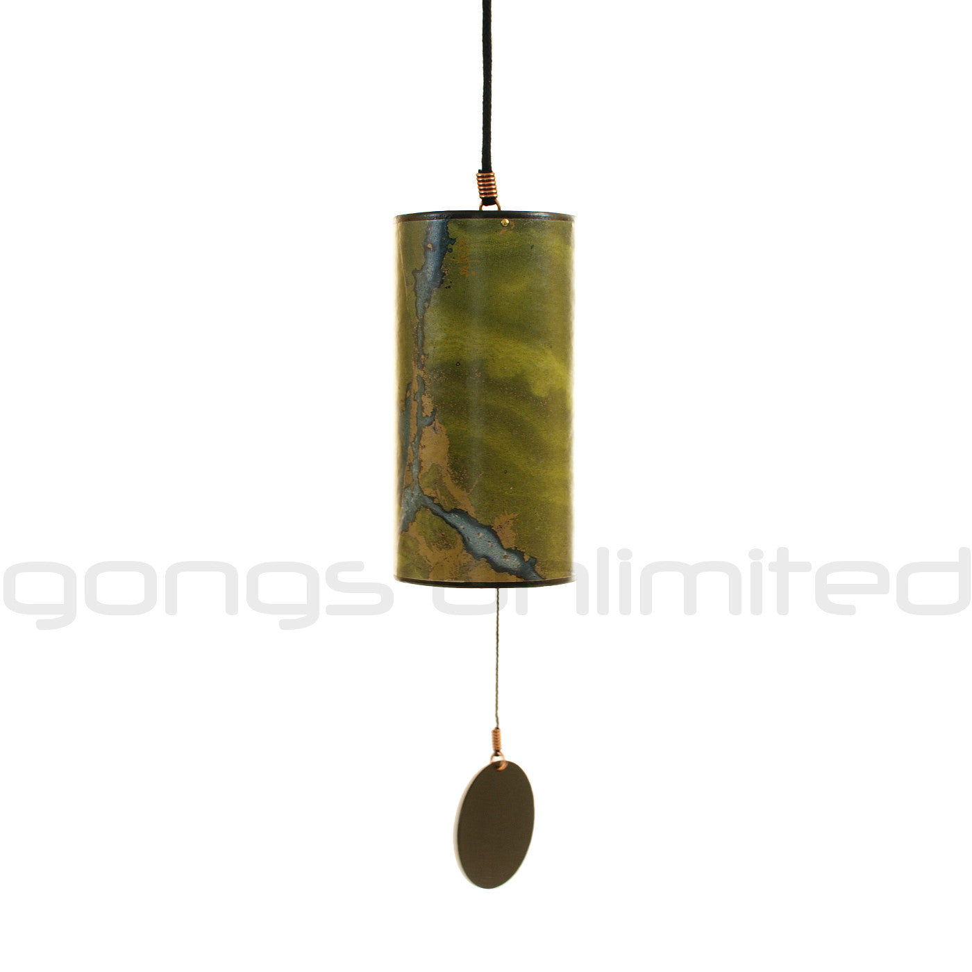 Blue and burgundy Single Zaphir Chimes by Gongs Unlimited, featuring colorful metal tubes and a wooden striker.