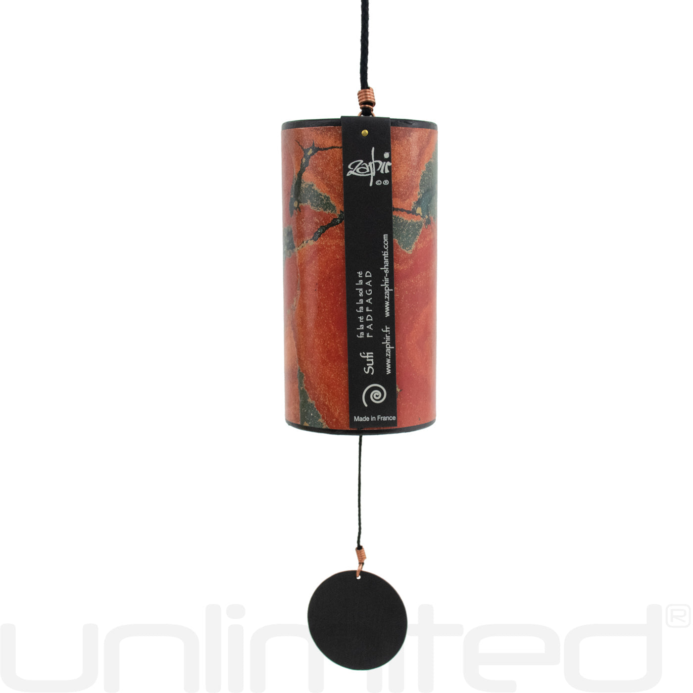 Blue moon and burgundy single Zaphir chimes by Gongs Unlimited, showing the colorful, hand-tuned wind chimes with metal tubes.