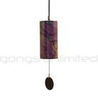 Blue and burgundy Single Zaphir Chimes by Gongs Unlimited, featuring delicate metal tubes hanging from a wooden frame.