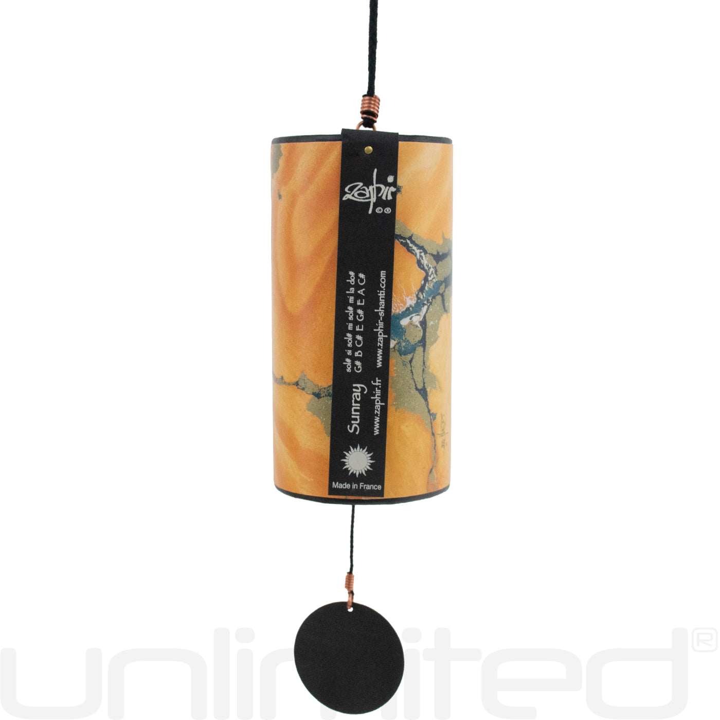 Blue and burgundy Single Zaphir Chimes by Gongs Unlimited with delicate metal tubes for soothing sound.