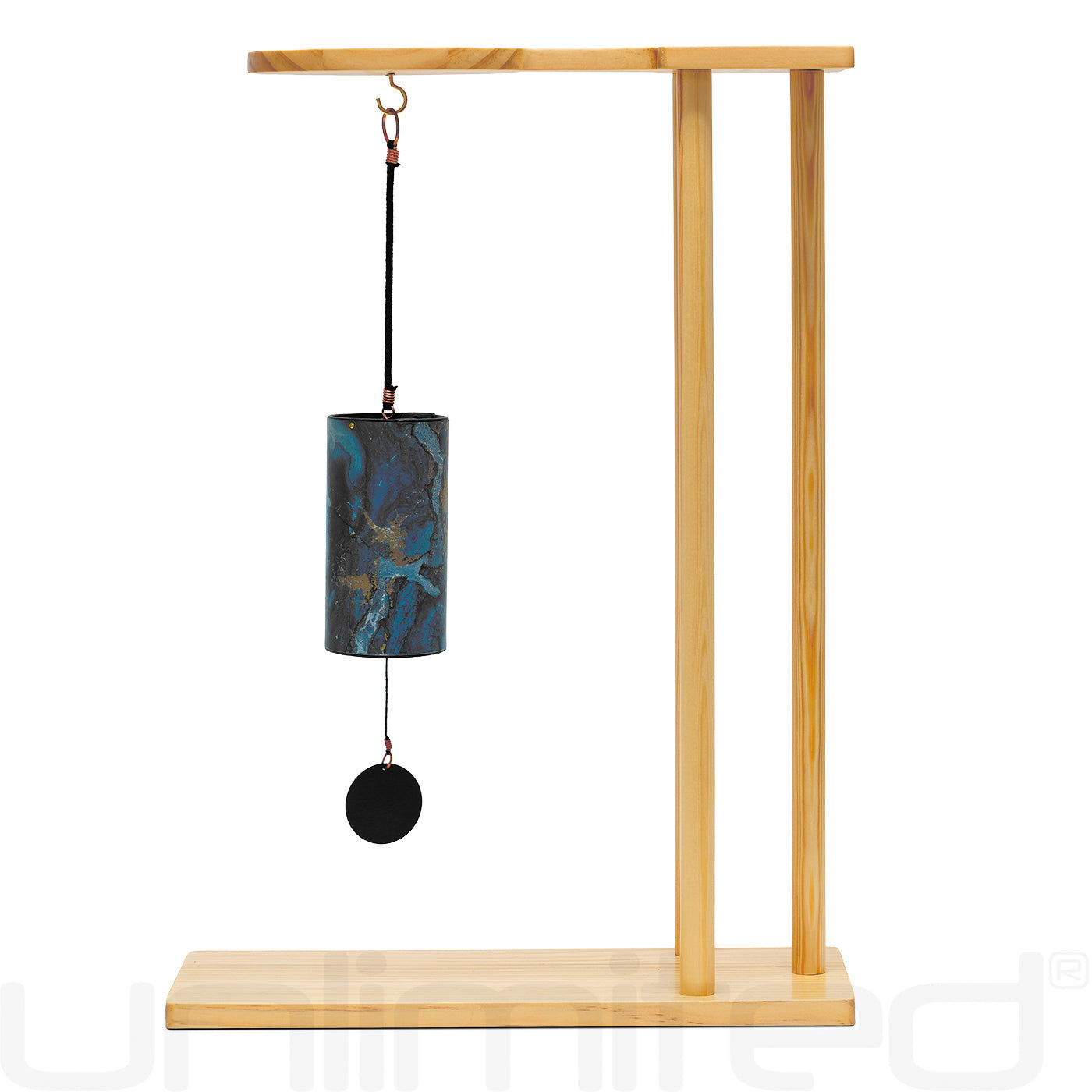 Blue Moon turquoise Zaphir chime by Gongs Unlimited on the Essence stand, showcasing the elegant metal design and vibrant color.