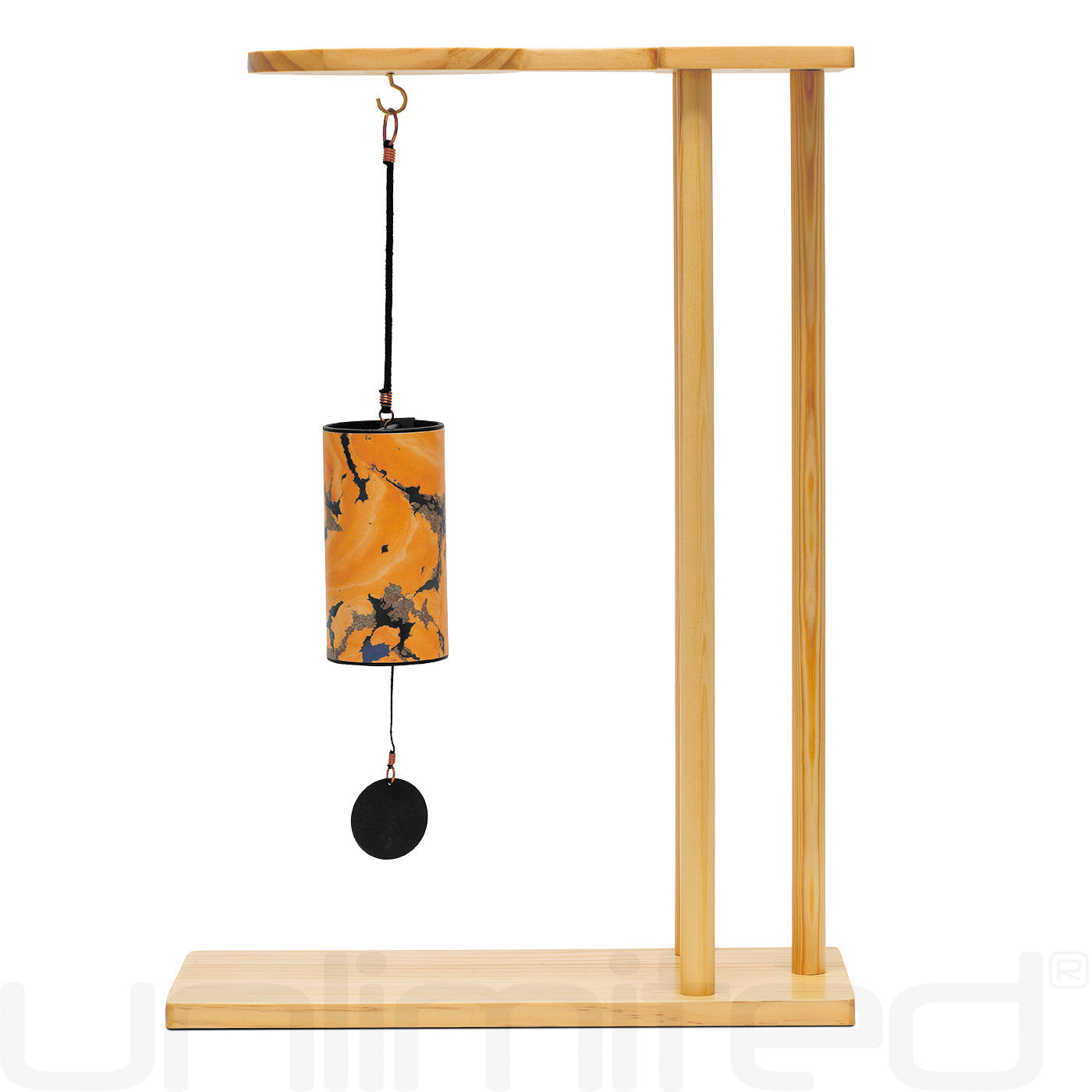 Blue turquoise Zaphir chime from Gongs Unlimited on the Essence stand, showcasing its vibrant color and sleek design.