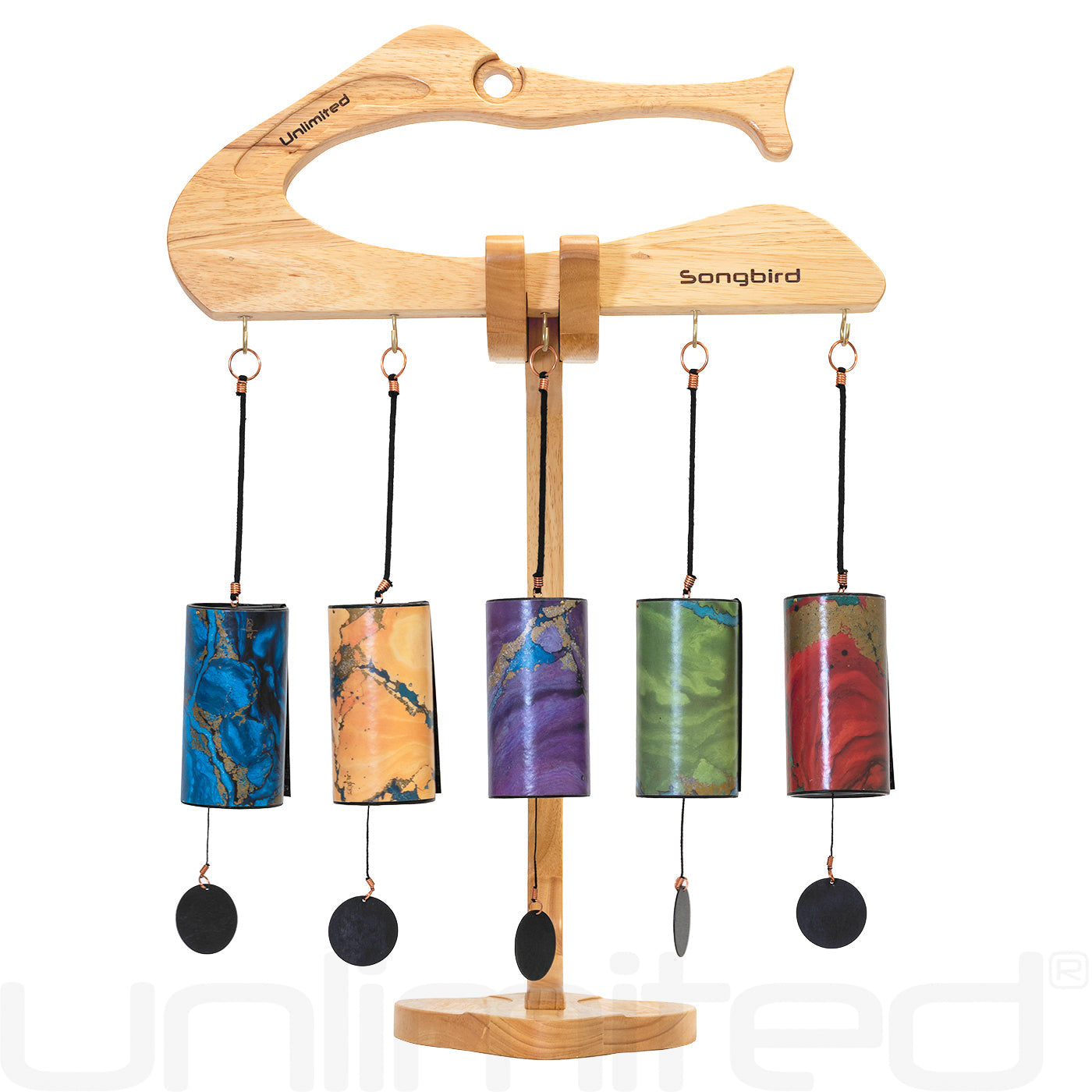 Gongs Unlimited Zaphir Chime Set on stand with multiple chimes and a Dap Temple Chime in a peaceful display.