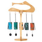 Gongs Unlimited Zaphir Chime Set on stand with Dap Temple Chime, featuring colorful metal chimes and a wooden stand.
