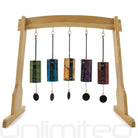 Gongs Unlimited Zaphir Chime Set on a stand with Dap Temple Chime, showcasing polished metal chimes and decorative stand.