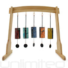 Gongs Unlimited Zaphir Chime Set on stand with multiple chimes and a Dap temple chime, displayed on a wooden stand.
