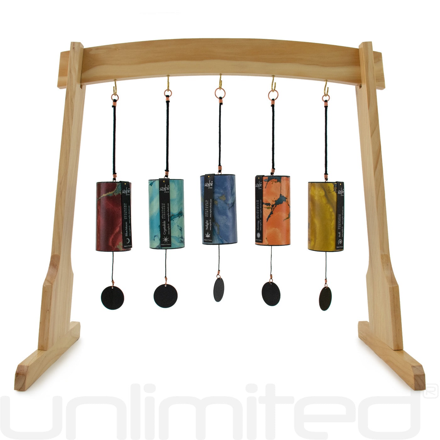 Gongs Unlimited Zaphir Chime Set on stand with multiple chimes and a Dap temple chime, displayed on a wooden stand.