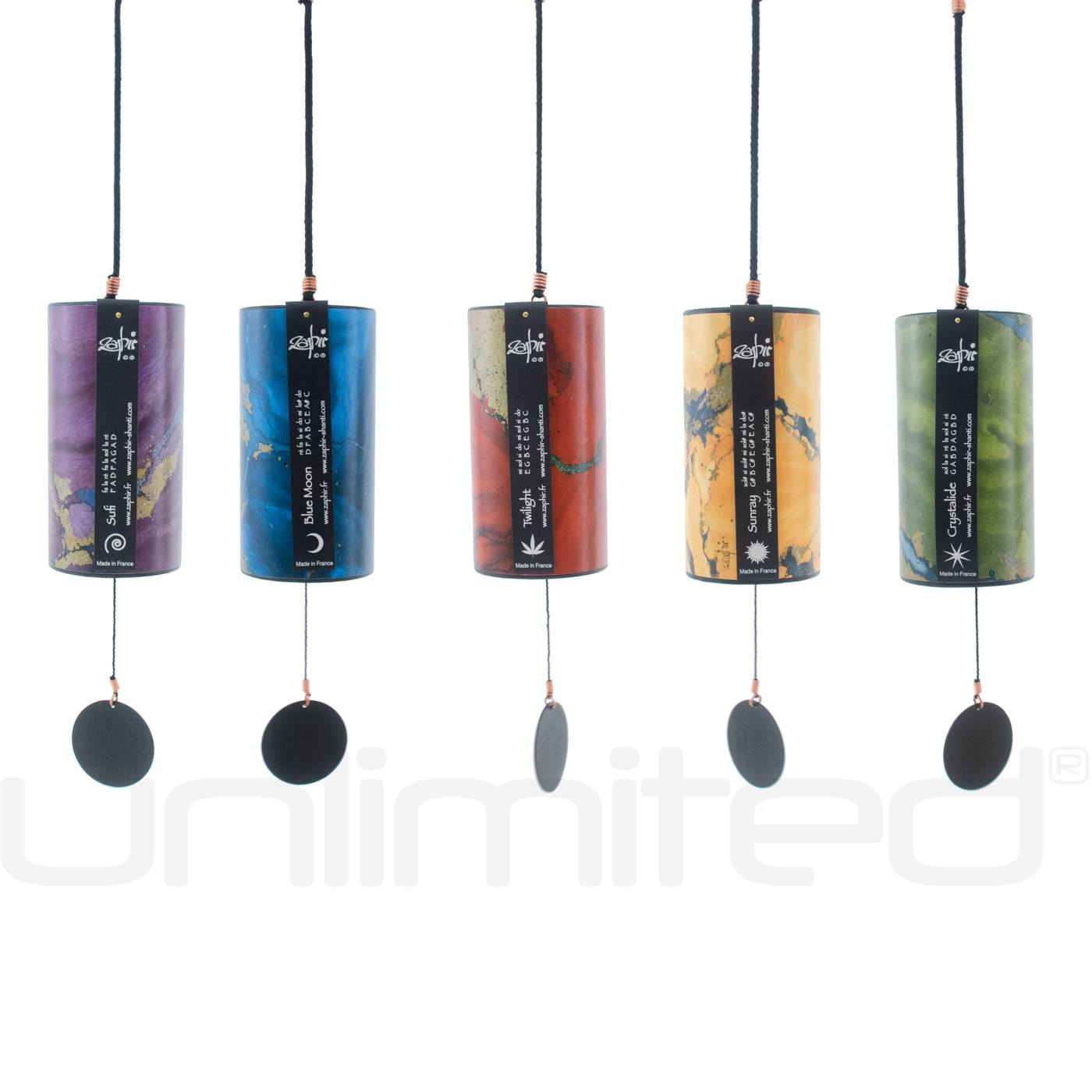 Set of five Zaphir Chime Sets by Gongs Unlimited with colorful tuning disks and wooden mallets for calming sound therapy.