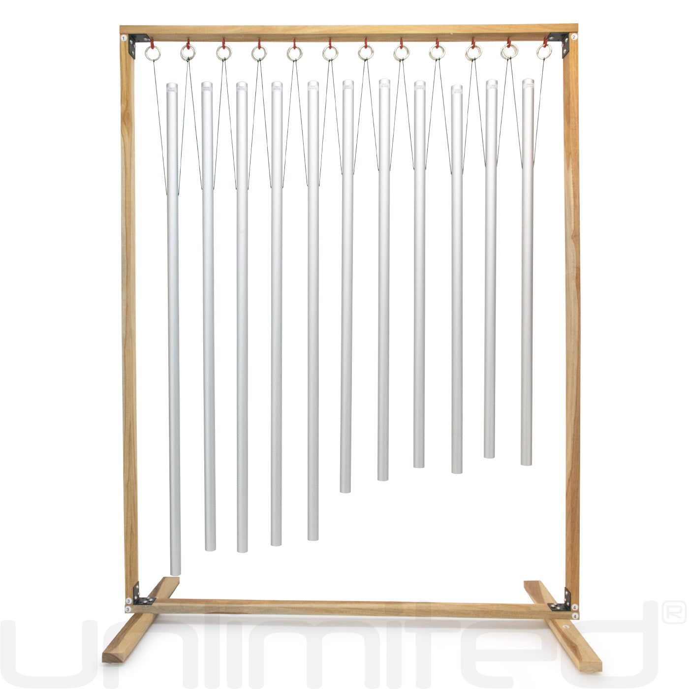 Set of 11 Gongs Unlimited planetary tuned healing chimes with wooden stand, showcasing colorful, metal chimes hanging from a wooden frame.