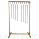 Set of 8 Gongs Unlimited harmonic tuned healing chimes with a wooden stand, showing the chimes hanging in a display setup.