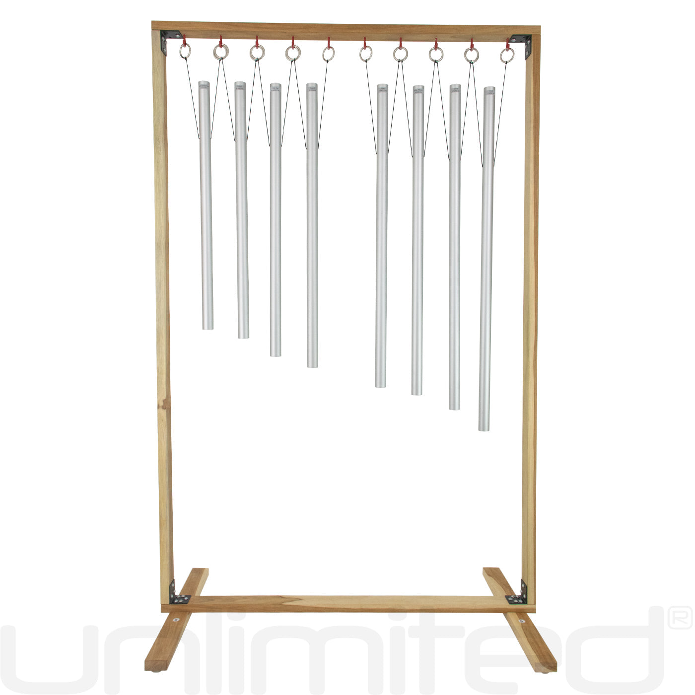 Set of 8 Gongs Unlimited harmonic tuned healing chimes with a wooden stand, showing the chimes hanging in a display setup.