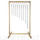 Set of 9 Sacred Solfeggio Tuned Healing Chimes by Gongs Unlimited with framed wood stand, displaying colorful chimes and stand.