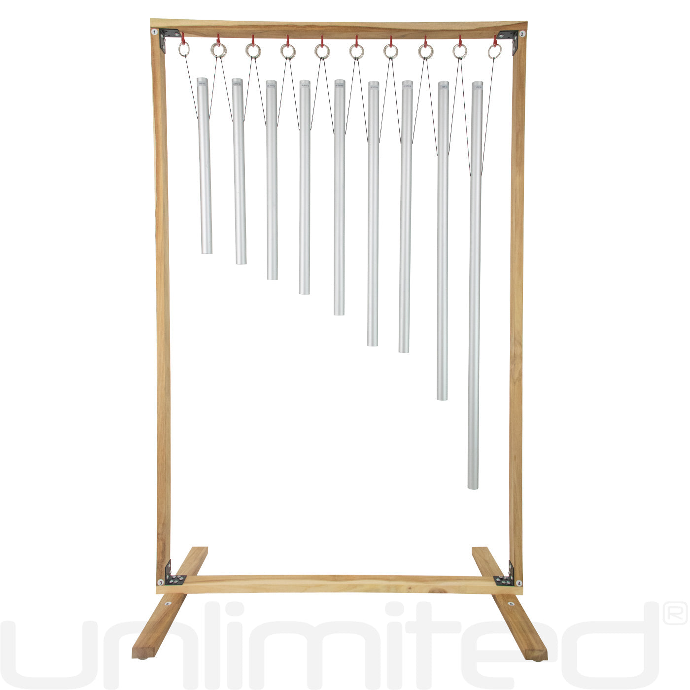 Set of 9 Sacred Solfeggio Tuned Healing Chimes by Gongs Unlimited with framed wood stand, displaying colorful chimes and stand.