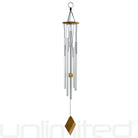 Gongs Unlimited tuned healing wind chime with metal tubes and wooden top, designed for 528 Hz sound healing and relaxation.