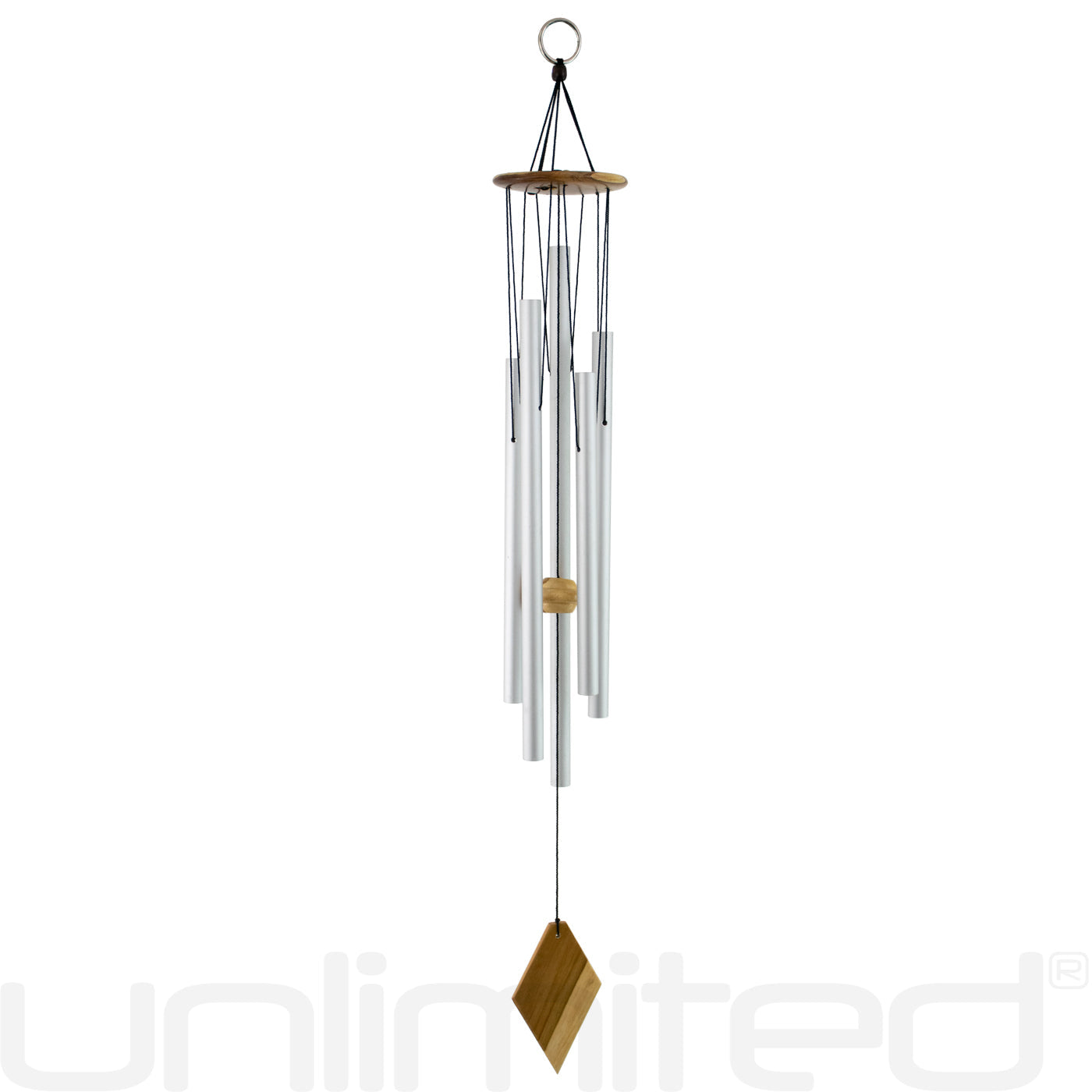 Gongs Unlimited tuned healing wind chime with metal tubes and wooden top, designed for 528 Hz sound healing and relaxation.