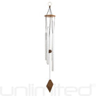 Tuned healing wind chimes by Gongs Unlimited featuring the Unlimited Om Sound Healing design with metal tubes and a wooden striker.
