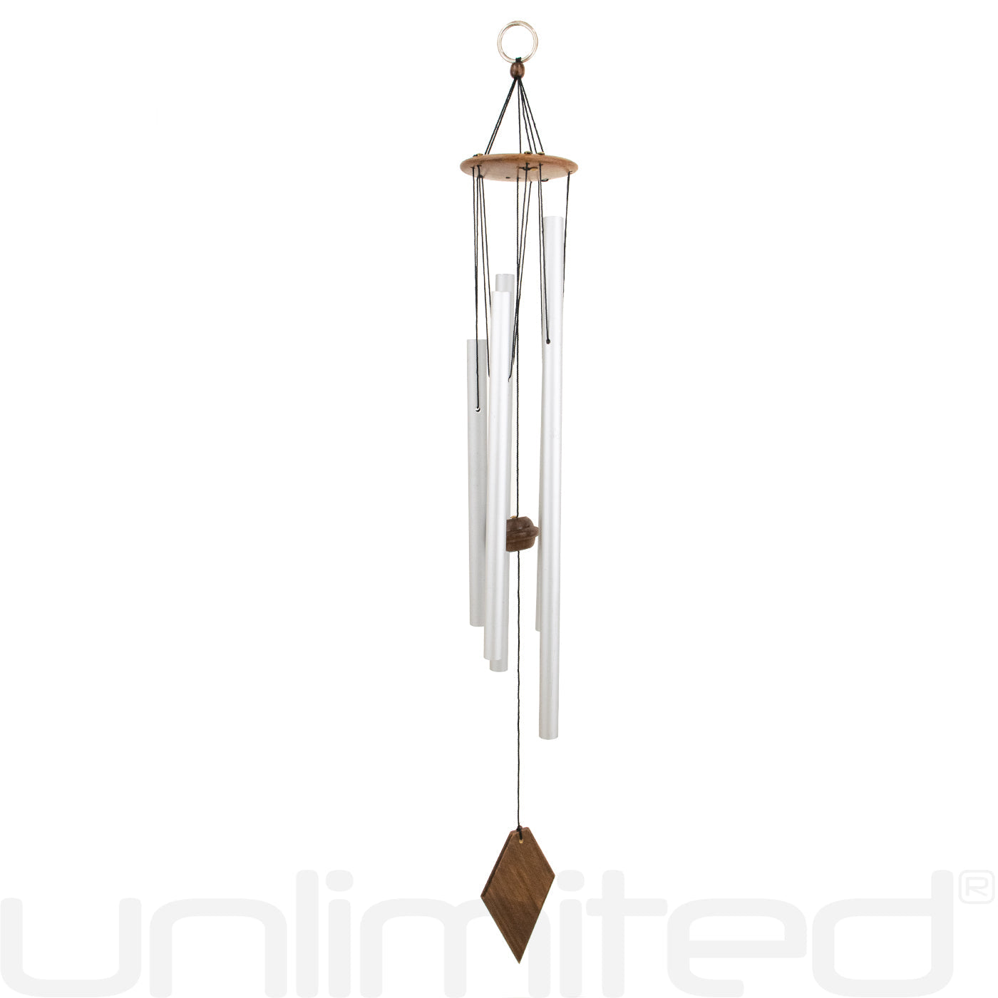 Tuned healing wind chimes by Gongs Unlimited featuring the Unlimited Om Sound Healing design with metal tubes and a wooden striker.