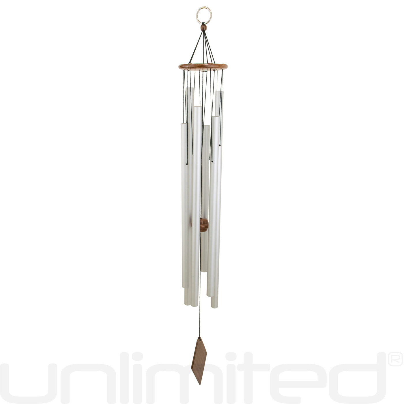 Gongs Unlimited tuned healing wind chimes with solfeggio sound healing tones hanging outdoors.