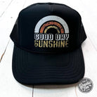 Good Day Sunshine foam trucker cap by The Graphic Tee, featuring a colorful sun graphic and breathable mesh back.