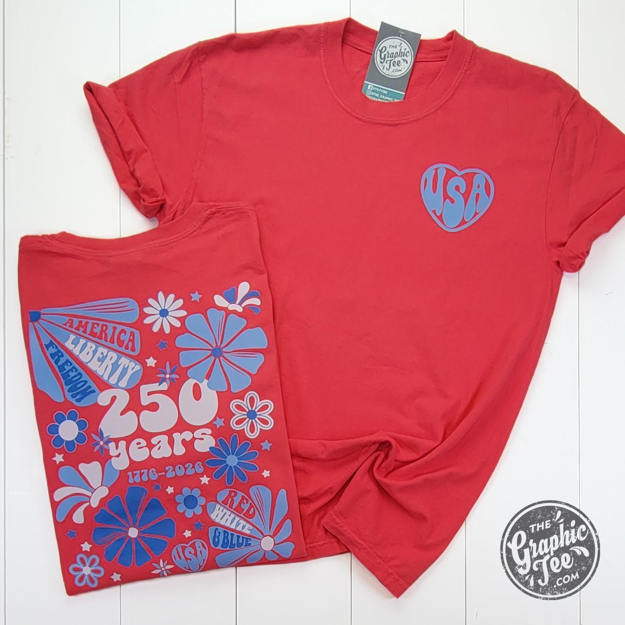Groovy 250 Years Paprika Pigment Dyed SS Graphic Tee by The Graphic Tee showing a colorful vintage-inspired design on soft fabric.