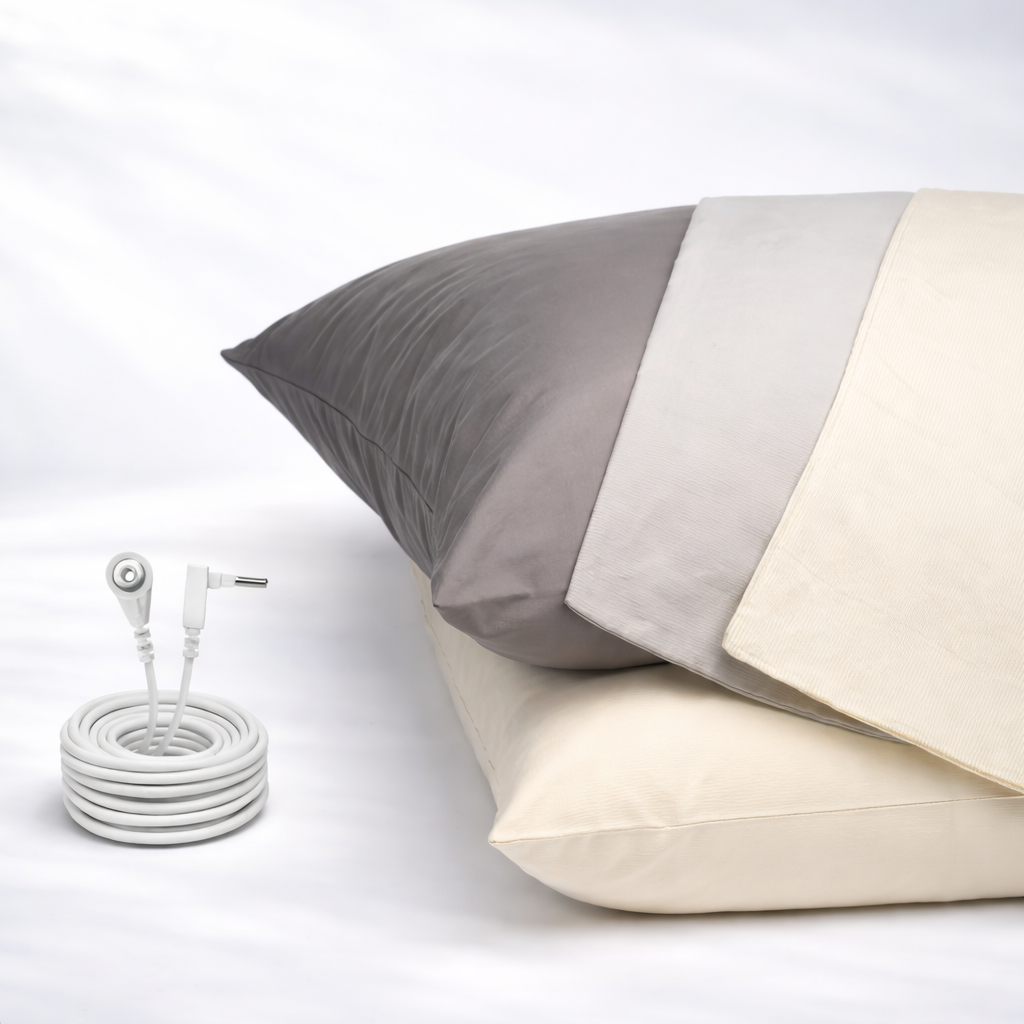 Beige GroundLuxe luxury grounding pillowcase made of organic cotton, king size, 36x20 inches, with a soft, smooth fabric appearance.