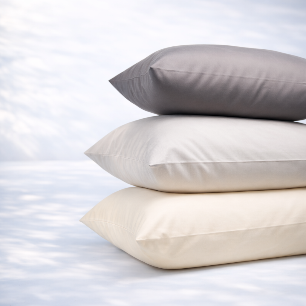 Beige GroundLuxe organic cotton grounding pillowcase on a king-size bed, showcasing soft, smooth fabric and stylish design.
