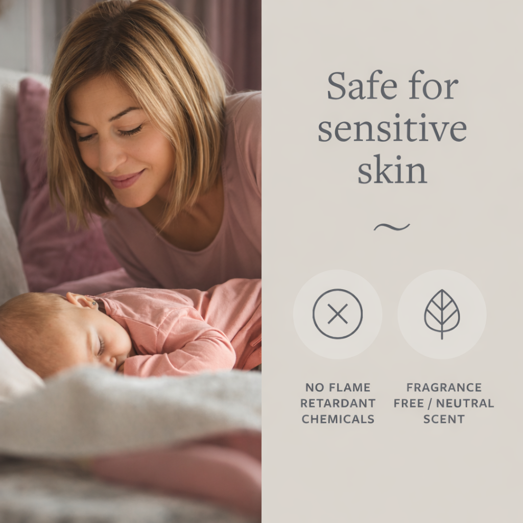 Beige GroundLuxe organic cotton grounding pillowcase on a king-size pillow, showcasing soft, natural fabric and grounding details.