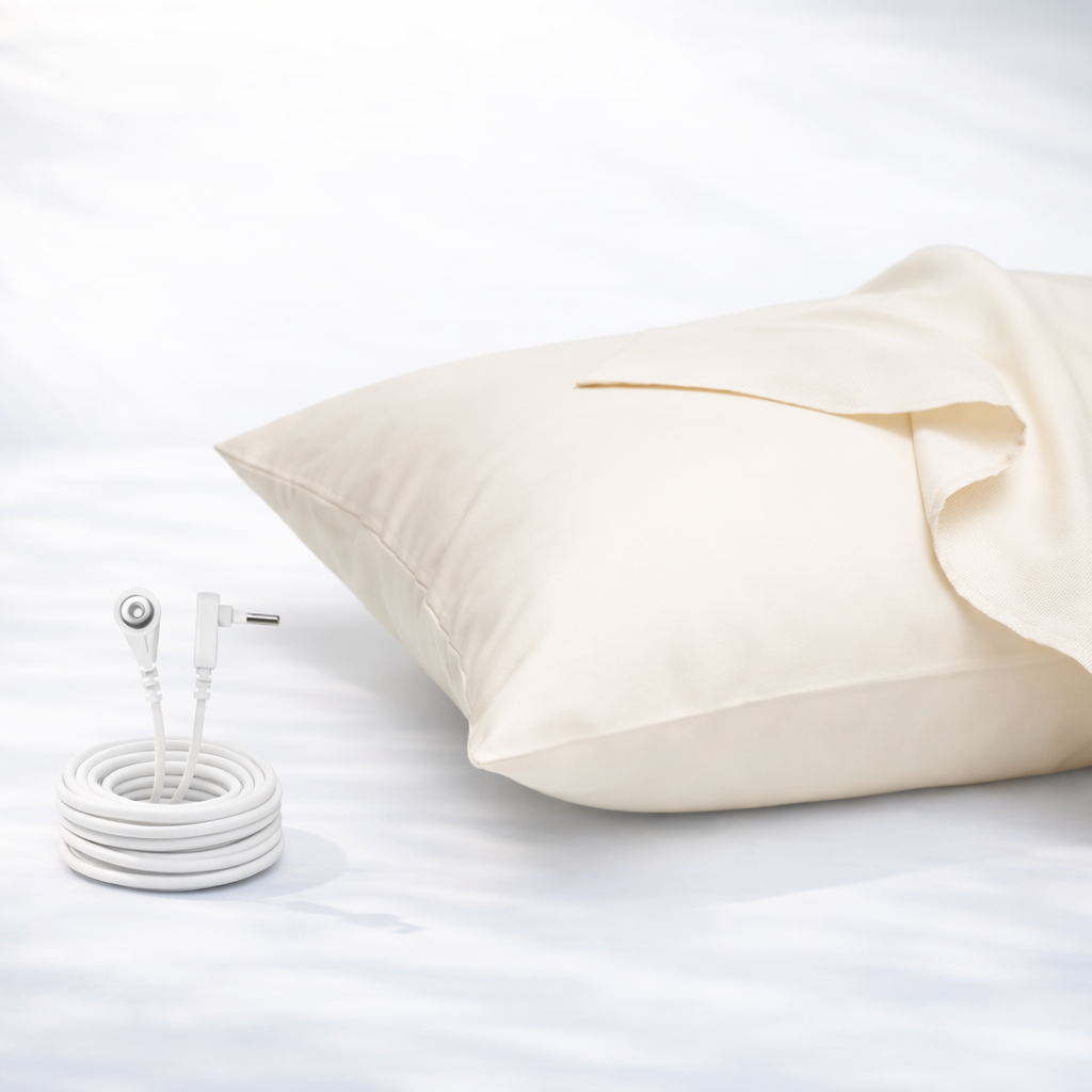 Beige GroundLuxe luxury grounding pillowcase made of organic cotton, designed for king-size pillows, measuring 36x20 inches.