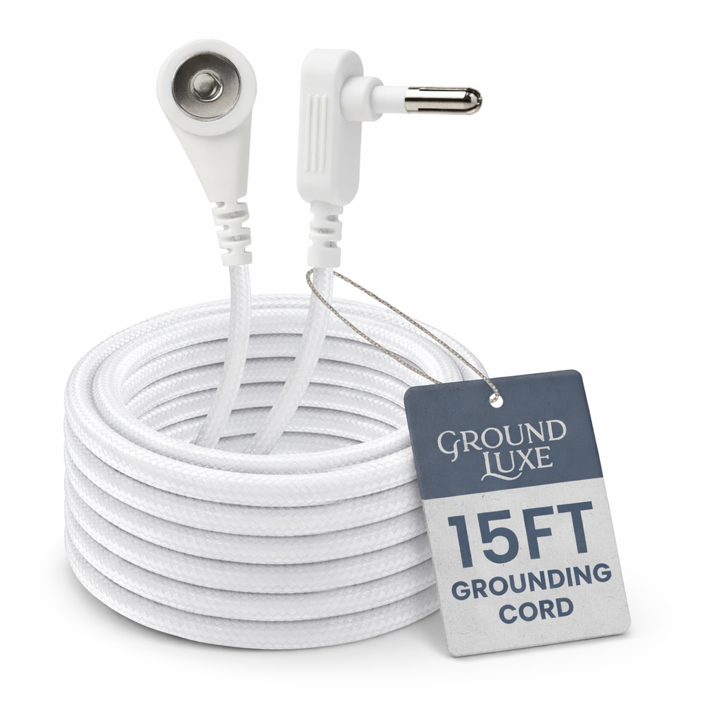 15-foot GroundLuxe grounding cord, universal replacement cable for grounding and electrical safety, shown coiled on a white background.