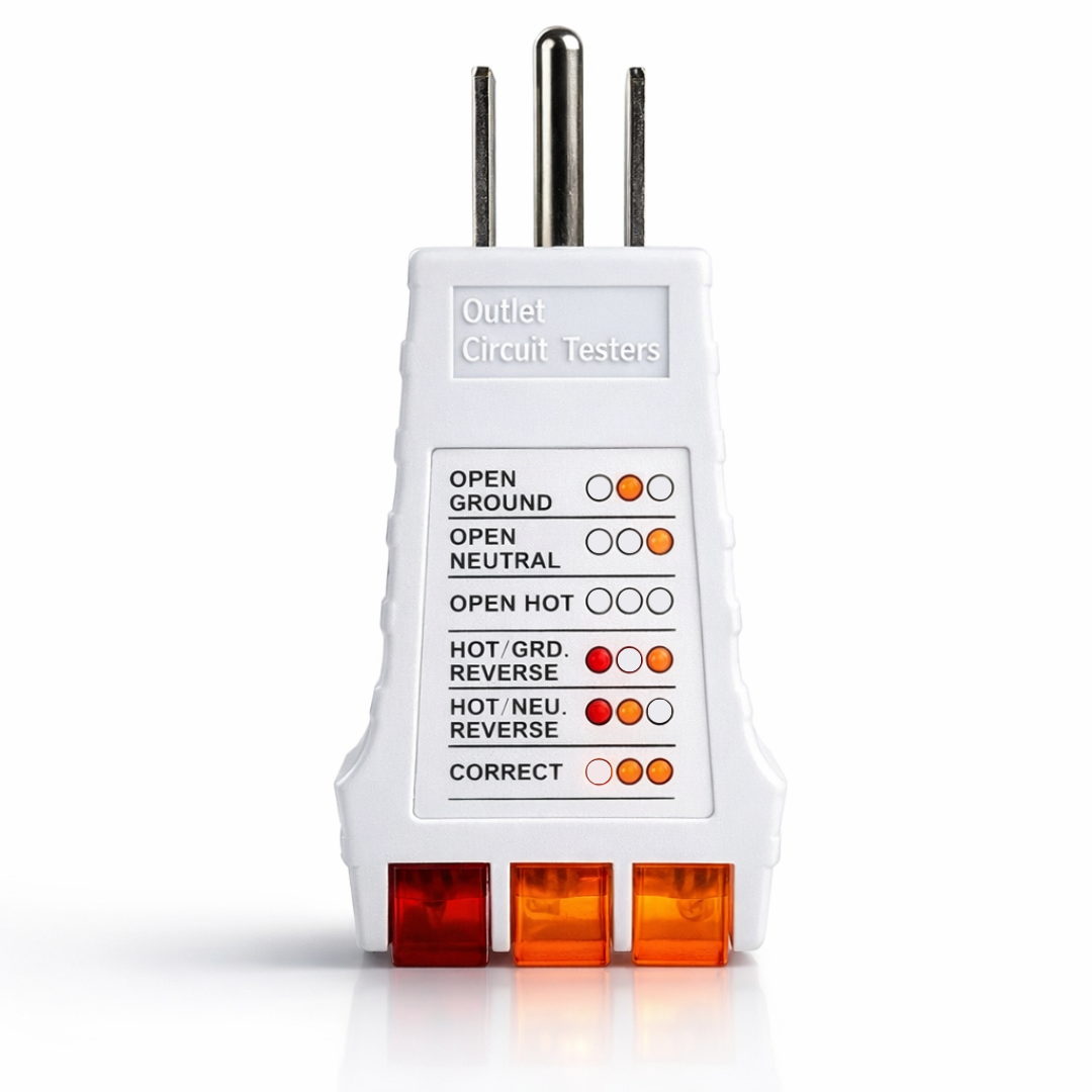 GroundLuxe outlet tester for grounding products with three test sockets and indicator lights for electrical safety testing.