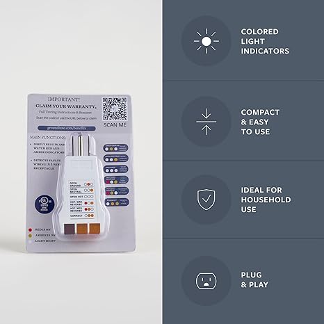 GroundLuxe outlet tester for grounding products, showing device with LED indicators used for testing electrical outlets.