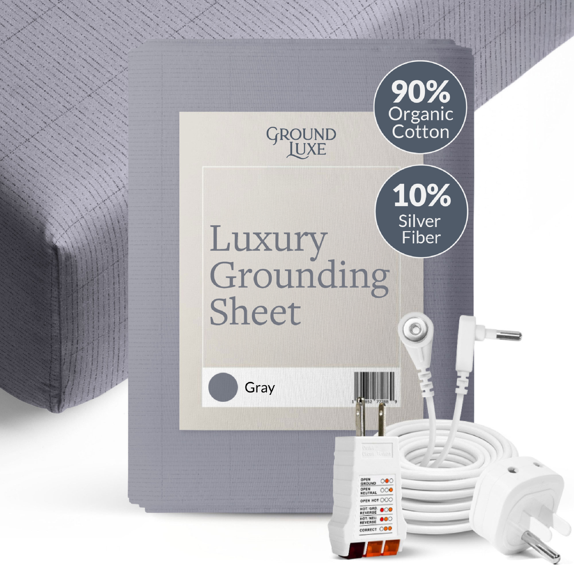 Dark gray GroundLuxe fitted grounding sheet made of organic cotton, king size 80x76 inches, with elastic edges for secure fit.