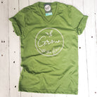 Unisex V-neck graphic tee from The Graphic Tee featuring a stylish "Grow with the Flow" design on soft fabric.